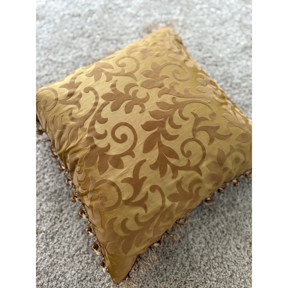Pier 1‎ Floral Throw Pillow accent Decorative Gold Damask Ball Fringe 18